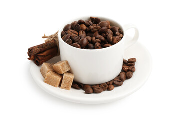 Ceramic cup with roasted coffee beans, sugar and cinnamon isolated on white