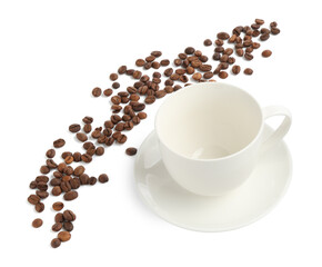 Ceramic cup with roasted coffee beans isolated on white