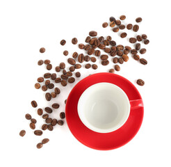Ceramic cup with roasted coffee beans isolated on white, top view