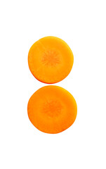 Top view set of two orange carrot slices in circles isolated  with clipping path in png file format