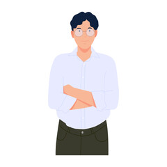Man standing with arms crossed, smiling. confident, smart, has a positive attitude and is a leader. Vector illustration isolated on white background.