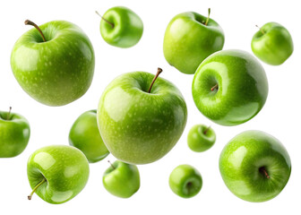  Green Apples falling mid-air isolated on a transparent background.