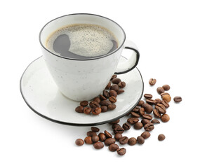 Aromatic coffee in cup and beans isolated on white
