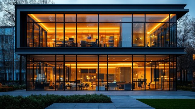 Modern glass office building at night