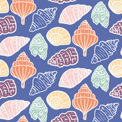 Vector pattern is hand-drawn and features a variety of colorful seashells in a nautical style. Perfect for t-shirt designs, textiles, wallpapers, packaging, cards, summer prints and creative projects.
