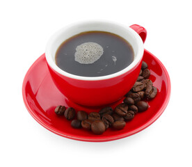 Aromatic coffee in cup and beans isolated on white