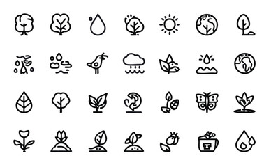 Modern Line Style Nature Icons – Vector Environment Pack with Plants, Animals, Insects for Mobile App and Infographic Design