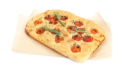 Delicious focaccia with tomatoes and spices isolated on white