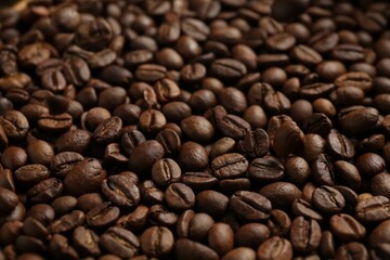 Aromatic coffee beans as background, closeup view