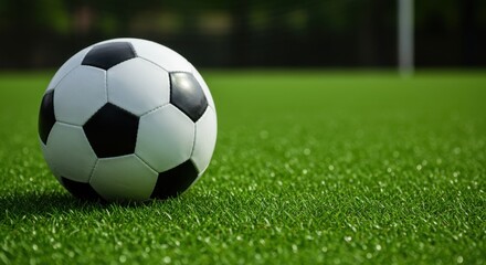 Fototapeta premium Soccer ball on field representing sport and recreation with green grass