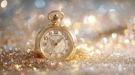 Vintage pocket watch on a bed of glitter