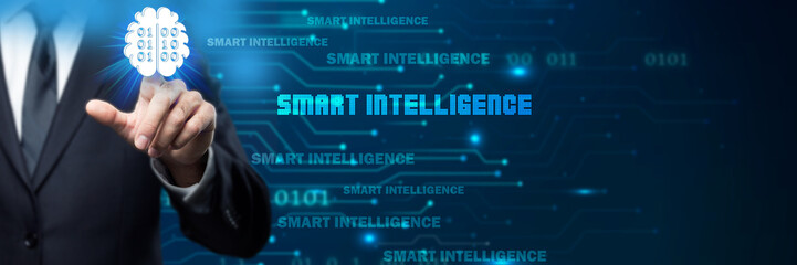 Businessman interacts with a glowing smart intelligence icon (brain with binary code) in a digital, futuristic environment, symbolizing AI, data analysis, business intelligence, and advanced .