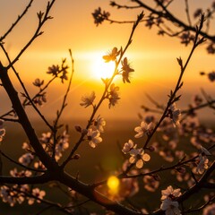 Obraz premium Sunrise Blossom: Delicate White Flowers And Golden Hour Light