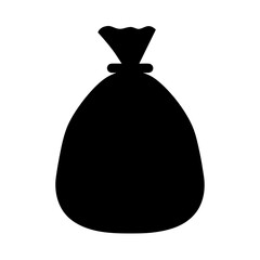 A simple black silhouette of a tied sack on white background