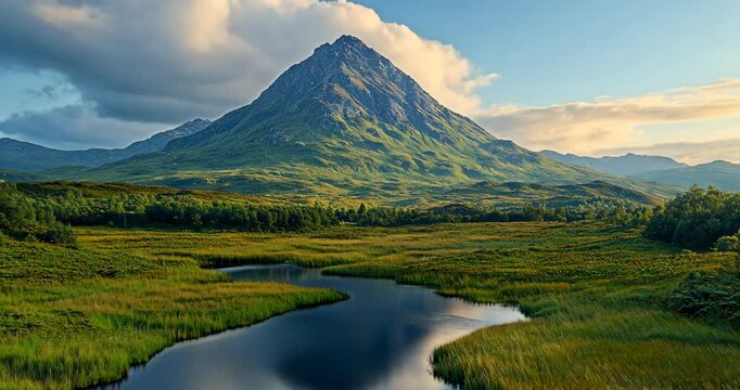 A serene landscape with a majestic mountain reflected in a calm lake, surrounded by lush greenery.