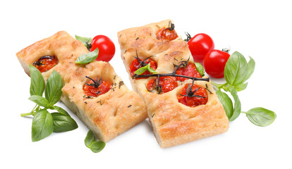 Pieces of delicious focaccia with tomatoes and spices isolated on white