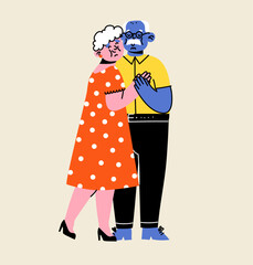 Cute elderly couple. Happy seniors together. Old men and women, spouses. Vector doodle cartoon illustration in flat style