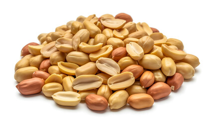 A close-up photograph of raw, split peanuts scattered in a loose pile against a pure white background. The peanuts are light brown in color with a smooth, glossy surface.