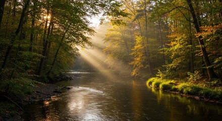 Obraz premium Tranquil River Through Autumn Forest at Sunrise - Serene autumn scene, sun rays filtering through trees, reflecting on a calm river. Symbolizing peace, nature, tranquility, golden autumn, and renewal