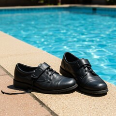 Black Leather Child Shoes by a Pool