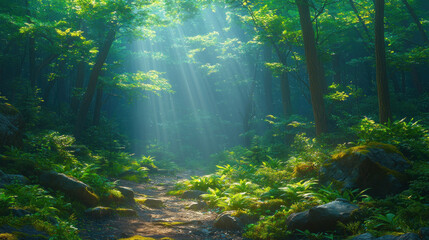 Obraz premium Sunlit forest path leading through lush green vegetation