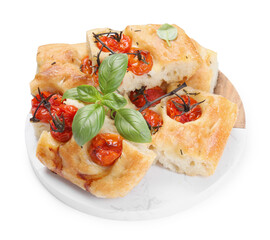 Pieces of delicious focaccia with tomatoes and spices isolated on white