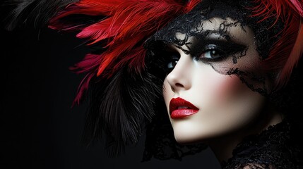Dramatic portrait of a woman with a striking headpiece.