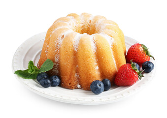 Tasty Bundt cake with powdered sugar and berries isolated on white