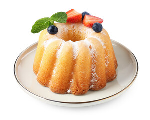 Tasty Bundt cake with powdered sugar and berries isolated on white