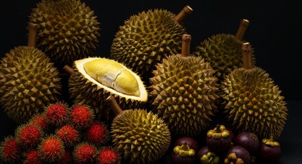 Tropical Fruit Abundance - A vibrant collection of durian, rambutan, and mangosteen fruits, showcasing their unique textures and colors against a black background