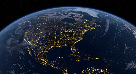 Obraz premium Detailed Night View of Earth Featuring City Lights Dark Skies and Blue Oceans Rendering