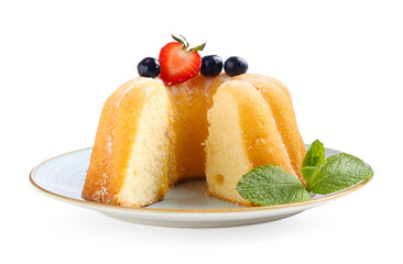 Tasty bundt cake with powdered sugar, berries and mint isolated on white