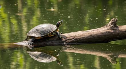 Fototapeta premium Turtle Basking on Log by Pond - A turtle rests on a log in a calm pond, symbolizing peace, nature, stillness, resilience, and wildlife