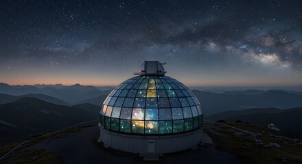 Fototapeta premium Aerial view of glass dome observatory under starry sky on top of a mountain range