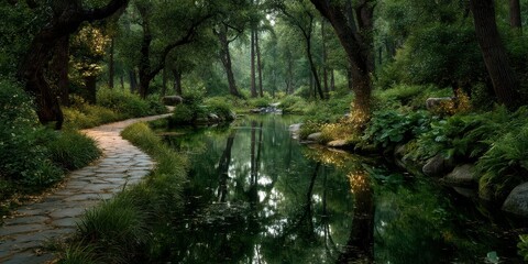 Obraz premium Serene path lined by greenery and reflecting water in a tranquil forest during the late afternoon