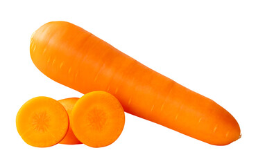 Side view of one fresh orange carrot root with slices in circles in stack isolated with clipping path in png file format