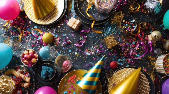 Festive party aftermath, confetti, and decorations strewn across a dark surface