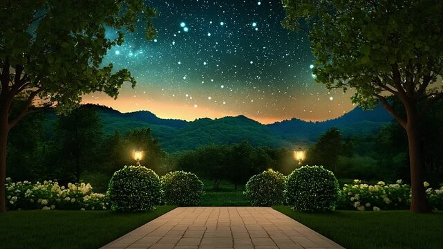 Serene pathway under a starry night sky with mountains and lush green landscapes