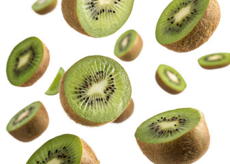 Fototapeta premium Kiwis falling mid-air isolated on a transparent background.