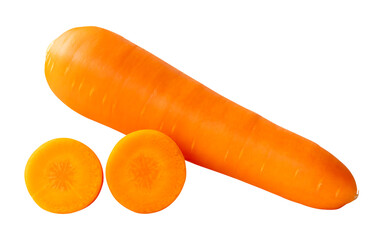 Side view of one fresh orange carrot root with slices in circles in stack isolated with clipping path in png file format