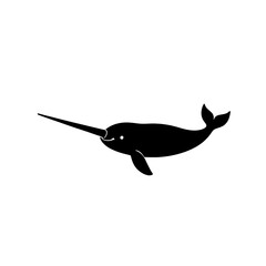 Minimalist black silhouette of a narwhal with spiral tusk on white background © Fuzzy08 Design