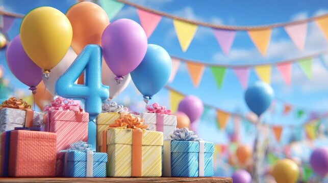 Fourth birthday celebration with gifts and balloons