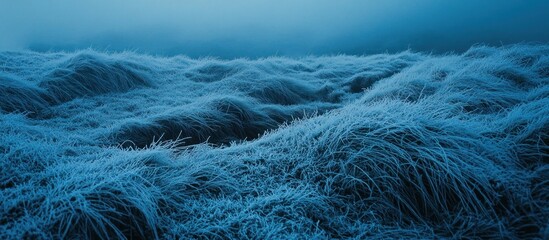 Obraz premium Frosty field at dawn, frozen grass, mist, nature