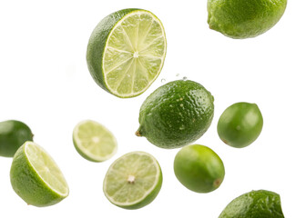  Limes falling mid-air isolated on a transparent background