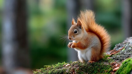 Adorable squirrel enjoys a snack amidst forest tranquility
