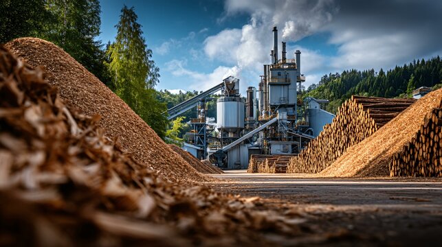 Daylight shot of a zero-waste biomass facility featuring elongated eco-pile stacks of food processing waste, wood chip layers, and bio-stack turning machines actively maintaining optimal drying