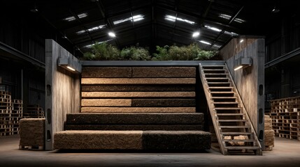 Detailed render of cross-laminated eco-pile arrangement showing alternating layers of biomass wood chips and straw bales with embedded ventilation ducts in a bio-stack formation under factory