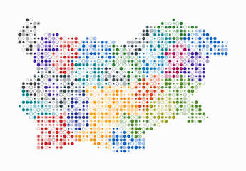Fototapeta premium Bulgaria, shape of the country built of colored cells. Digital style map of Bulgaria on a white background. Small size circle blocks. Abstract vector illustration.