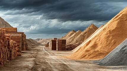 Panoramic view of a modern biomass plant input yard with conical eco-pile formations of agricultural residues, aggregate feed infeed chutes, and bio-stack safety barriers under overcast sky