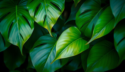 Desktop wallpaper of large tropical green leaves, perfect for nature lovers, environmentalists, or anyone wanting a calming, organic background for their computer screen